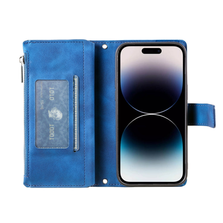 For iPhone 16 Plus Multi-Card Totem Zipper Leather Phone Case(Blue) - iPhone 16 Plus Cases by buy2fix | Online Shopping UK | buy2fix