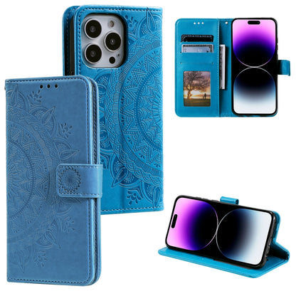 For iPhone 16 Pro Totem Flower Embossed Leather Phone Case(Blue) - iPhone 16 Pro Cases by buy2fix | Online Shopping UK | buy2fix