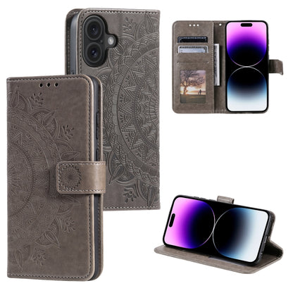 For iPhone 16 Totem Flower Embossed Leather Phone Case(Grey) - iPhone 16 Cases by buy2fix | Online Shopping UK | buy2fix