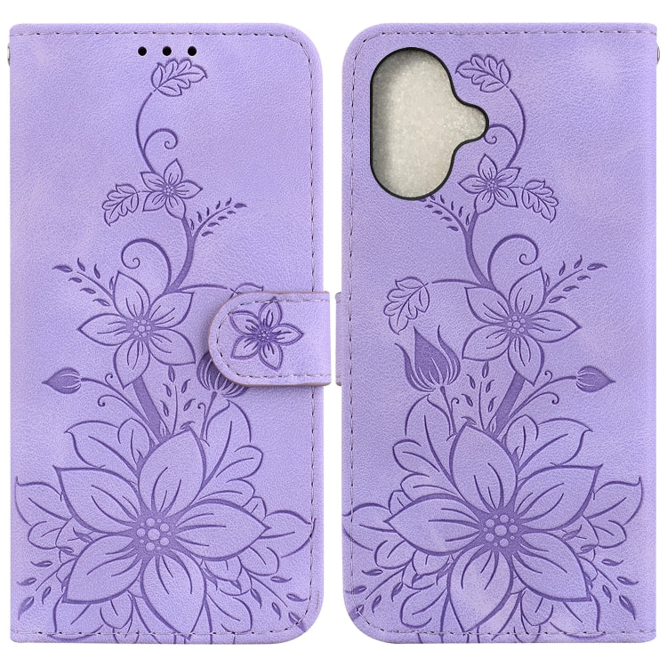 For iPhone 16 Lily Embossed Leather Phone Case(Purple) - iPhone 16 Cases by buy2fix | Online Shopping UK | buy2fix