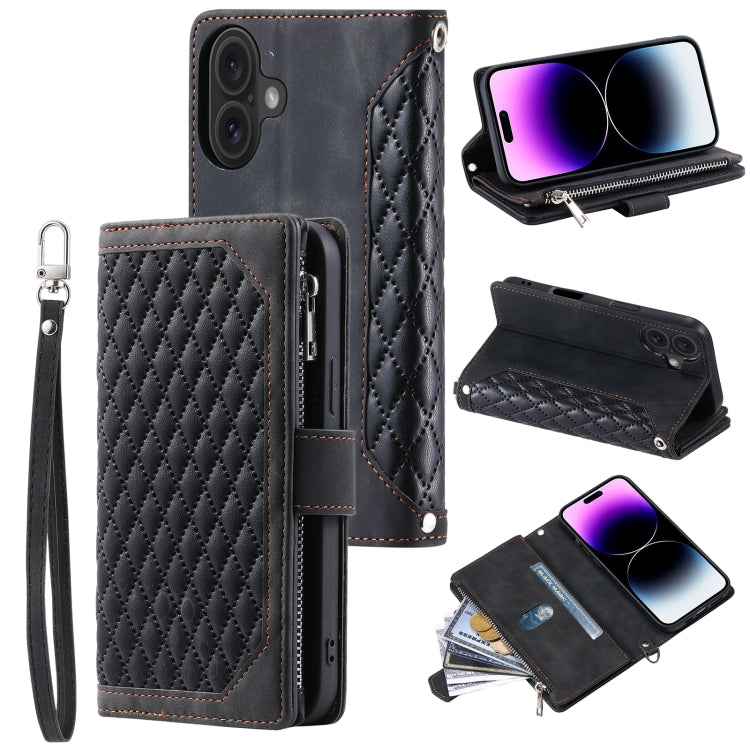 For iPhone 16 Plus Grid Texture Zipper Leather Phone Case with Lanyard(Black) - iPhone 16 Plus Cases by buy2fix | Online Shopping UK | buy2fix