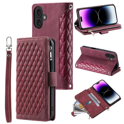 For iPhone 16 Grid Texture Zipper Leather Phone Case with Lanyard(Wine Red) - iPhone 16 Cases by buy2fix | Online Shopping UK | buy2fix