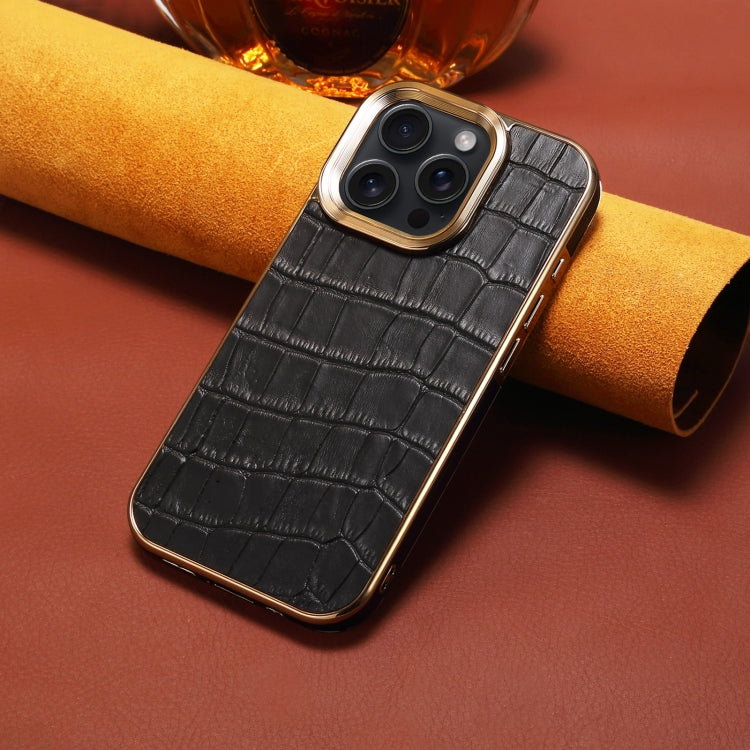 For iPhone 16 Pro Denior Crocodile Texture Genuine Leather Electroplating Phone Case(Black) - More iPhone Cases by Denior | Online Shopping UK | buy2fix