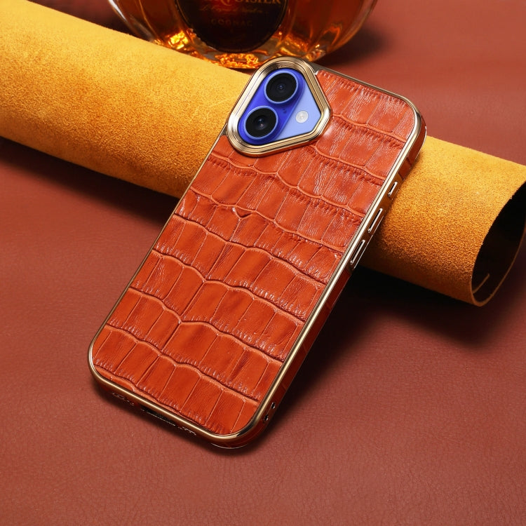 For iPhone 16 Denior Crocodile Texture Genuine Leather Electroplating Phone Case(Mocha Brown) - More iPhone Cases by Denior | Online Shopping UK | buy2fix