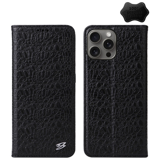 For iPhone 16 Pro Max Fierre Shann Crocodile Texture Magnetic Genuine Leather Phone Case(Black) - iPhone 16 Pro Max Cases by FIERRE SHANN | Online Shopping UK | buy2fix