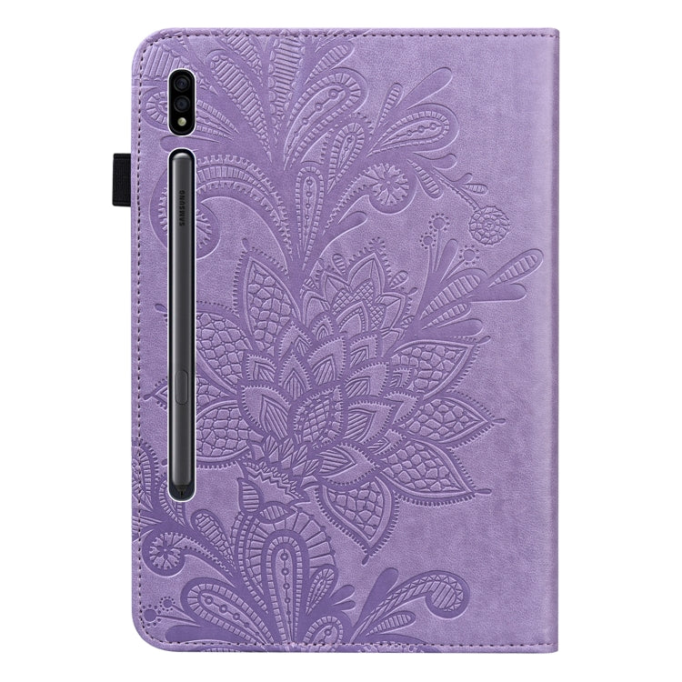 For Samsung Galaxy Tab S9 Lace Flower Embossing Pattern Leather Tablet Case(Purple) - Galaxy Tab S9 Cases by buy2fix | Online Shopping UK | buy2fix