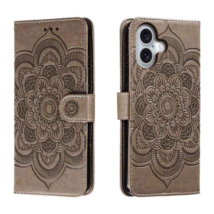 For iPhone 16 Mandala Embossing Pattern Horizontal Flip Leather Phone Case(Gray) - iPhone 16 Cases by buy2fix | Online Shopping UK | buy2fix