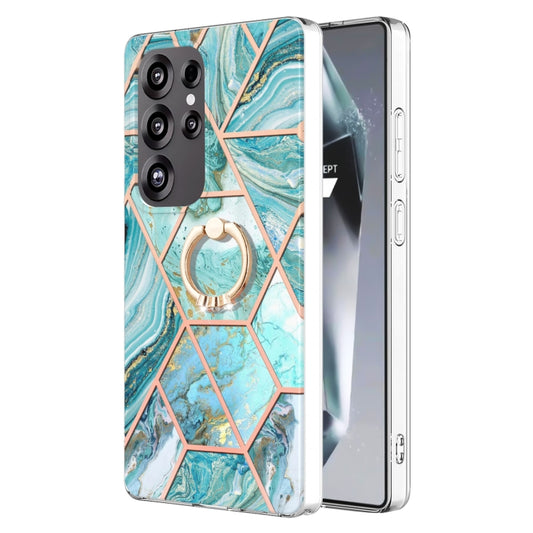 For Samsung Galaxy S25 Ultra 5G Splicing Marble Flower IMD TPU Phone Case Ring Holder(Blue) - Galaxy S25 Ultra 5G Cases by buy2fix | Online Shopping UK | buy2fix