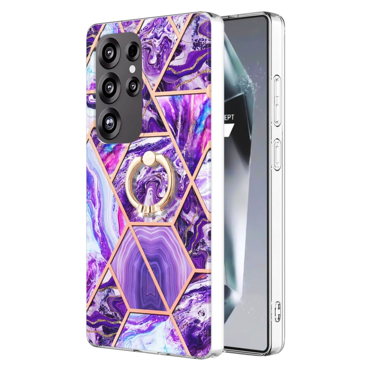 For Samsung Galaxy S25 Ultra 5G Splicing Marble Flower IMD TPU Phone Case Ring Holder(Dark Purple) - Galaxy S25 Ultra 5G Cases by buy2fix | Online Shopping UK | buy2fix