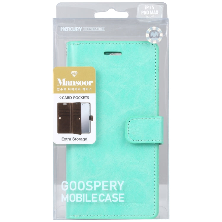 For iPhone 15 Pro Max GOOSPERY MANSOOR DIARY 9 Card Slots Leather Phone Case(Mint Green) - iPhone 15 Pro Max Cases by GOOSPERY | Online Shopping UK | buy2fix