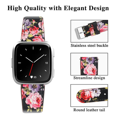 For Fitbit Versa 2 / Fitbit Versa / Fitbit Versa Lite Leather Watch Band with Round Tail Buckle(Black Skin Pink Flower) - Watch Bands by buy2fix | Online Shopping UK | buy2fix