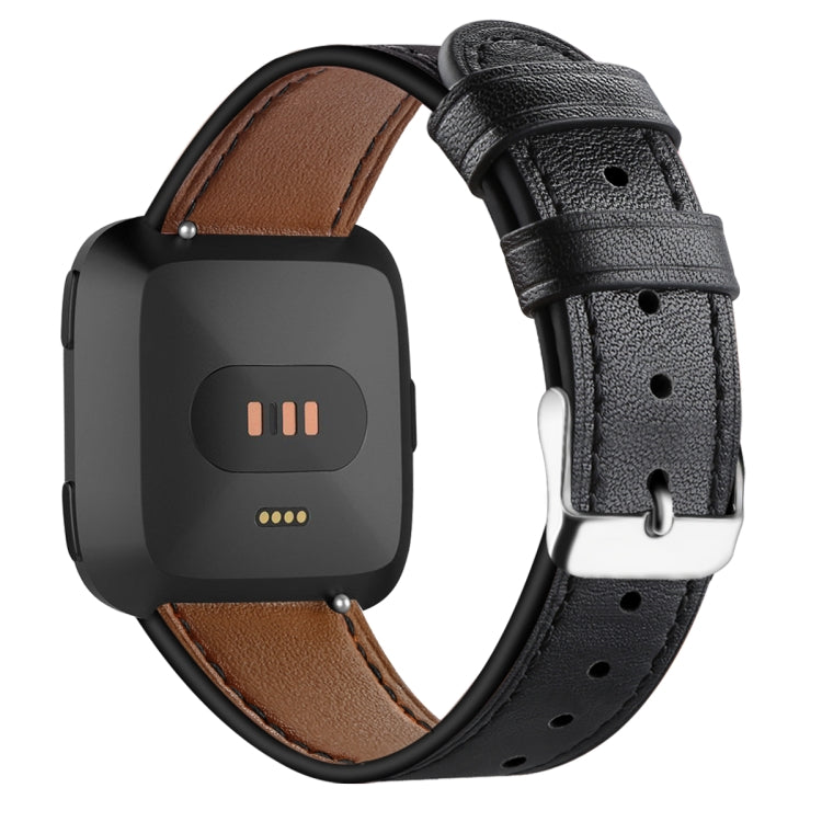 For Fitbit Versa 2 / Fitbit Versa / Fitbit Versa Lite Leather Watch Band with Round Tail Buckle(Black) - Watch Bands by buy2fix | Online Shopping UK | buy2fix