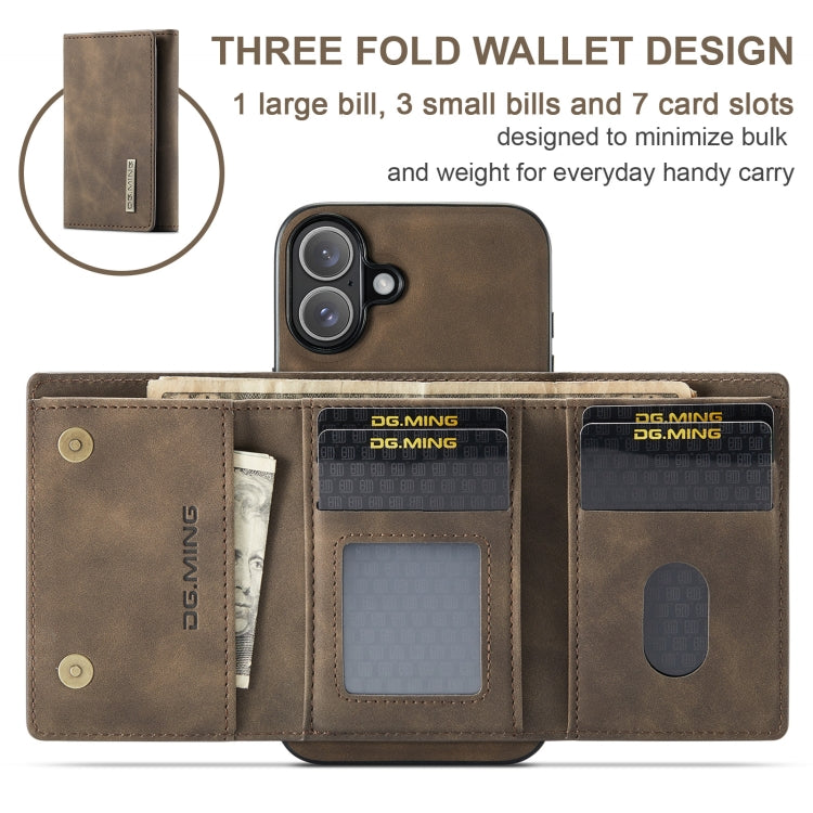 For iPhone 16 DG.MING M1 Series 3-Fold Multi Card Wallet Leather Phone Case(Coffee) - iPhone 16 Cases by DG.MING | Online Shopping UK | buy2fix