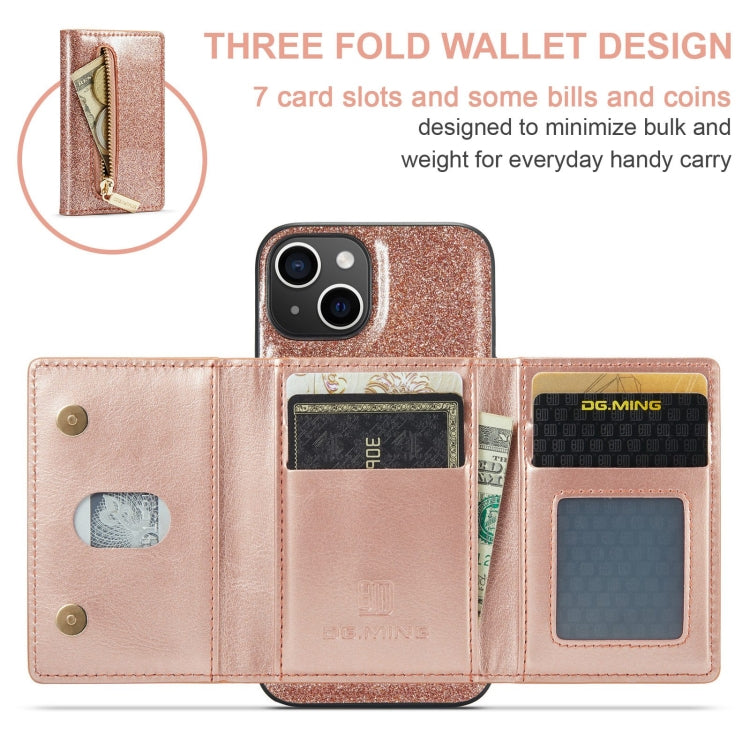 For iPhone 15 Plus DG.MING M3 Series Glitter Powder Card Bag Leather Phone Case(Rose Gold) - iPhone 15 Plus Cases by DG.MING | Online Shopping UK | buy2fix