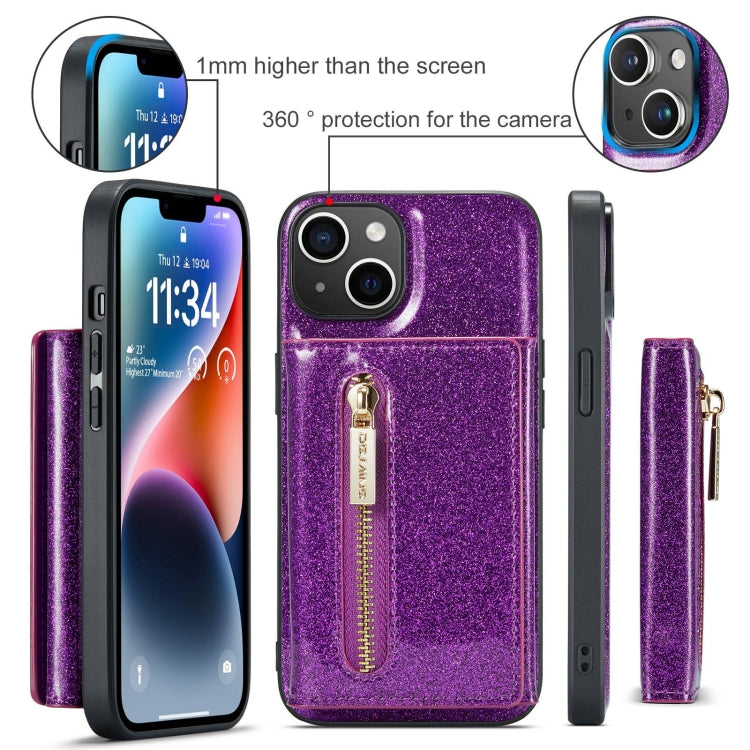 For iPhone 15 Plus DG.MING M3 Series Glitter Powder Card Bag Leather Phone Case(Dark Purple) - iPhone 15 Plus Cases by DG.MING | Online Shopping UK | buy2fix