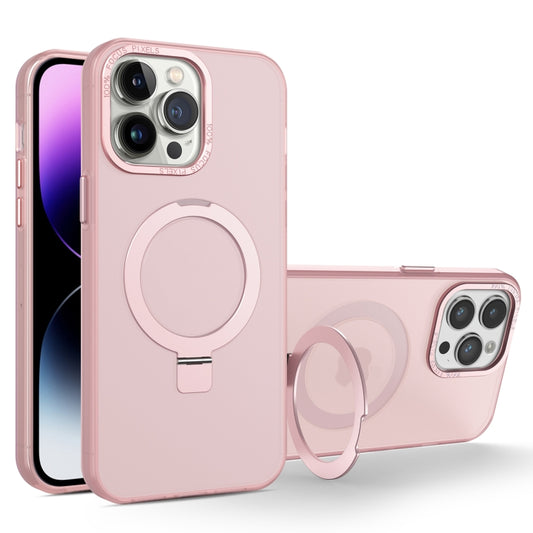 For iPhone 15 Pro MagSafe Metal Holder Frosted Translucent Phone Case(Pink) - iPhone 15 Pro Cases by buy2fix | Online Shopping UK | buy2fix