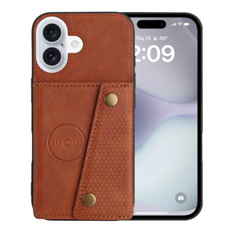 For iPhone 16 Double Buckle Card Slots PU + TPU Phone Case(Brown) - iPhone 16 Cases by buy2fix | Online Shopping UK | buy2fix