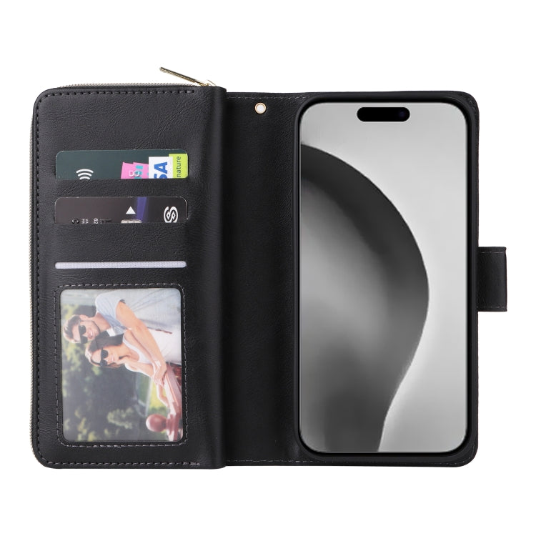 For iPhone 16 Pro Max 9 Card Slots Zipper Wallet Bag Leather Phone Case(Black) - iPhone 16 Pro Max Cases by buy2fix | Online Shopping UK | buy2fix