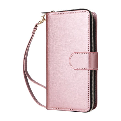 For iPhone 16 9 Card Slots Zipper Wallet Bag Leather Phone Case(Rose Gold) - iPhone 16 Cases by buy2fix | Online Shopping UK | buy2fix