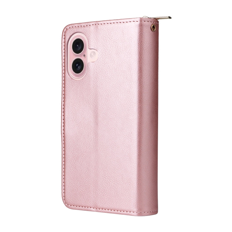 For iPhone 16 9 Card Slots Zipper Wallet Bag Leather Phone Case(Rose Gold) - iPhone 16 Cases by buy2fix | Online Shopping UK | buy2fix