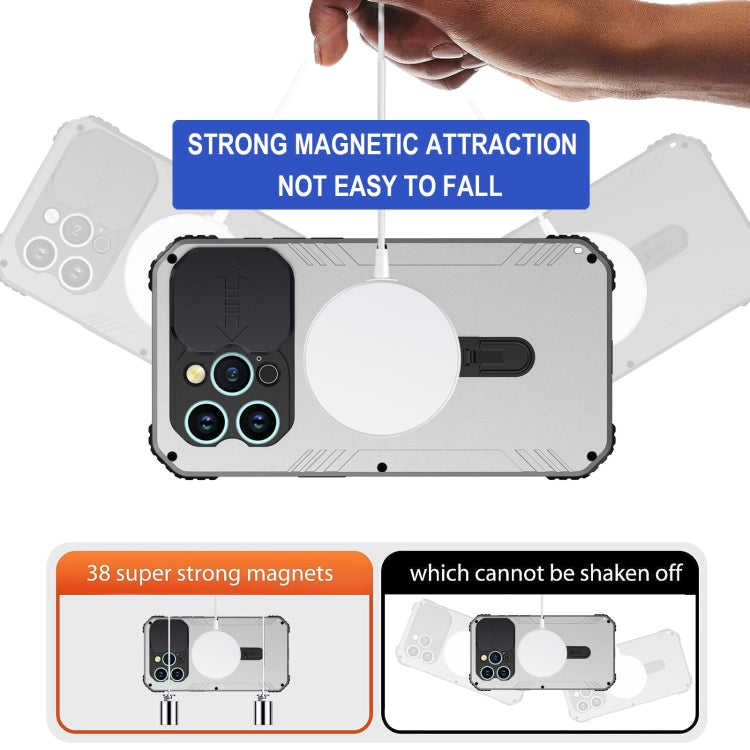 For iPhone 15 Pro Camera Shield MagSafe Holder Life Waterproof Phone Case(Silver) - iPhone 15 Pro Cases by buy2fix | Online Shopping UK | buy2fix