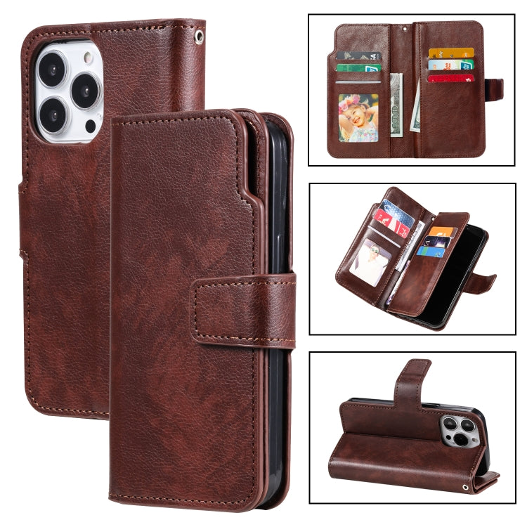 For iPhone 16 Pro Max Tri-Fold 9-Card Wallets Leather Phone Case(Brown) - iPhone 16 Pro Max Cases by buy2fix | Online Shopping UK | buy2fix