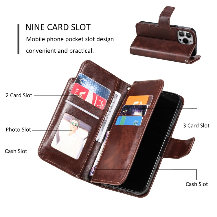 For iPhone 16 Pro Max Tri-Fold 9-Card Wallets Leather Phone Case(Brown) - iPhone 16 Pro Max Cases by buy2fix | Online Shopping UK | buy2fix