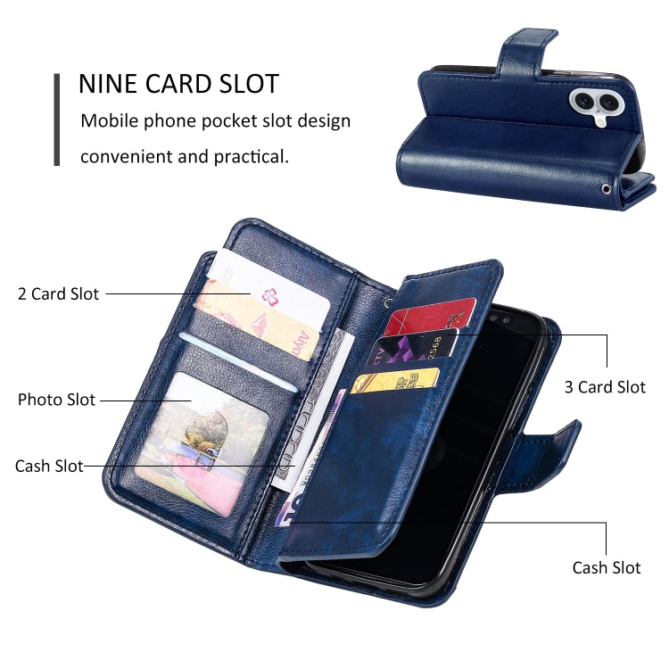 For iPhone 16 Plus Tri-Fold 9-Card Wallets Leather Phone Case(Blue) - iPhone 16 Plus Cases by buy2fix | Online Shopping UK | buy2fix