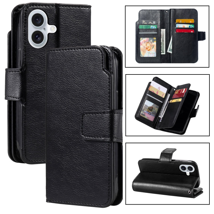 For iPhone 16 Plus Tri-Fold 9-Card Wallets Leather Phone Case(Black) - iPhone 16 Plus Cases by buy2fix | Online Shopping UK | buy2fix