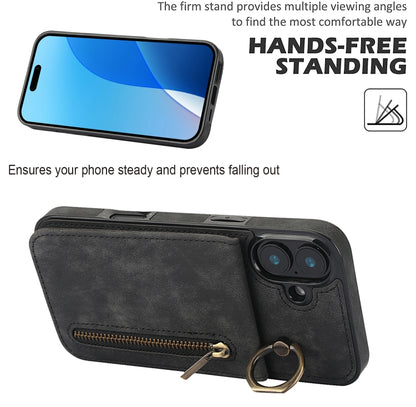 For iPhone 16 Retro Ring and Zipper RFID Card Slot Phone Case(Black) - iPhone 16 Cases by buy2fix | Online Shopping UK | buy2fix