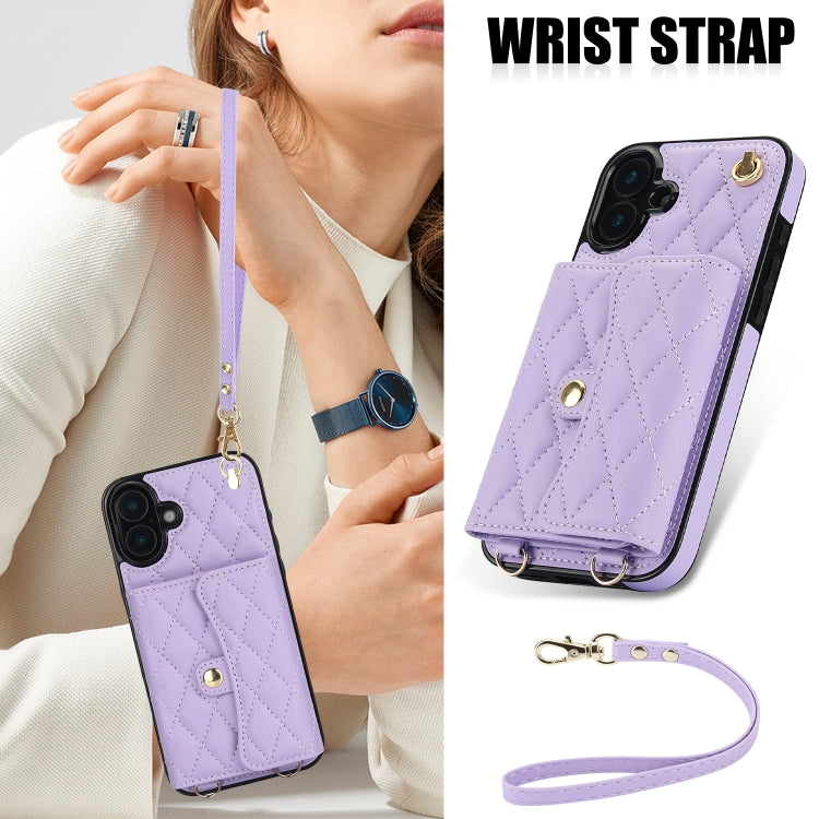 For iPhone 16 Plus Crossbody Rhombic Horizontal Wallet Leather Phone Case(Purple) - iPhone 16 Plus Cases by buy2fix | Online Shopping UK | buy2fix