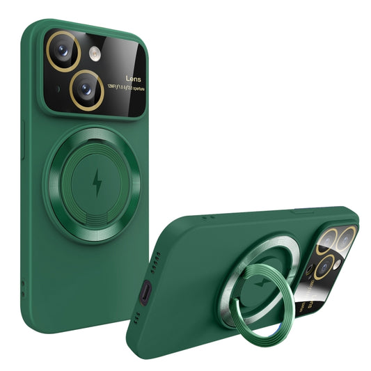 For iPhone 14 Plus Large Window MagSafe Magnetic Holder Phone Case(Dark Green) - iPhone 14 Plus Cases by buy2fix | Online Shopping UK | buy2fix