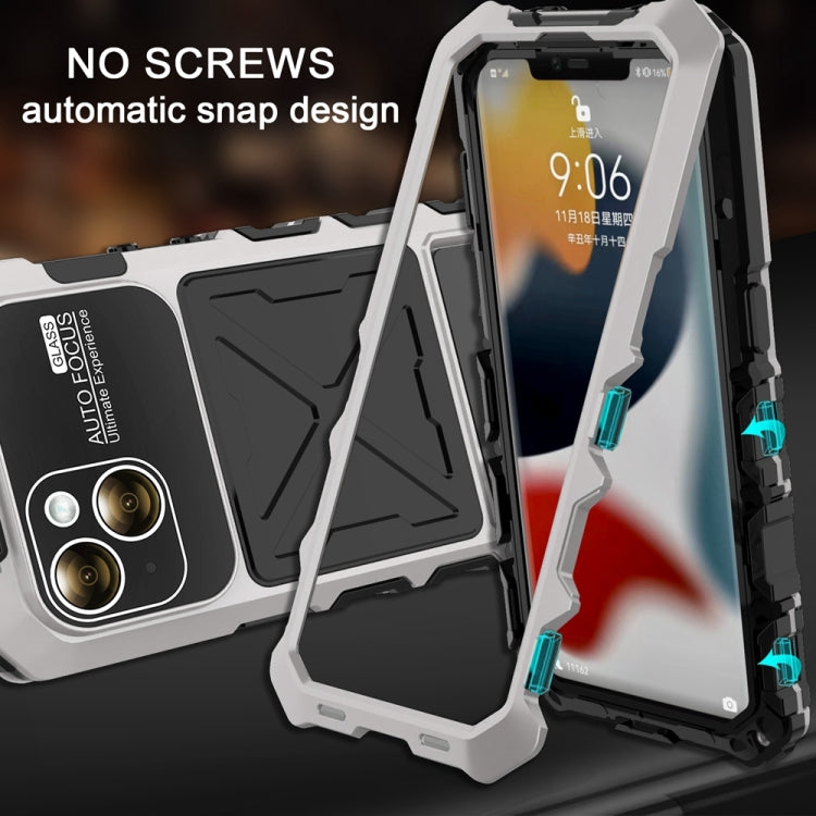 For iPhone 15 R-JUST Metal + Silicone + Tempered Glass Life Waterproof Phone Case with Holder(Silver) - iPhone 15 Cases by R-JUST | Online Shopping UK | buy2fix