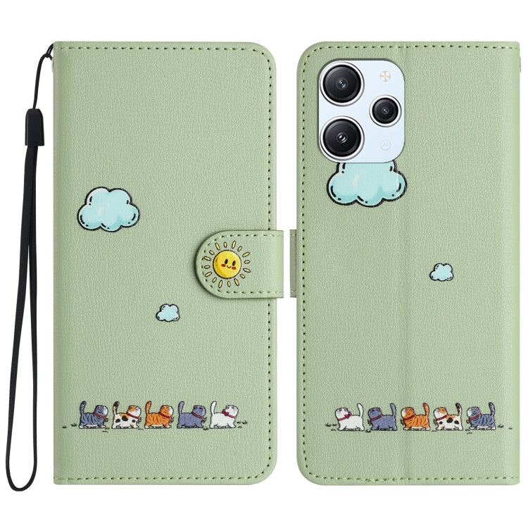 For Xiaomi Redmi 12 4G Cartoon Cats Leather Phone Case(Green) - Xiaomi Cases by buy2fix | Online Shopping UK | buy2fix