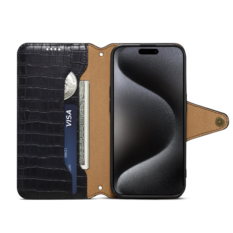 For iPhone 16 Plus Denior Crocodile Texture Oil Edge Leather Phone Case(Black) - iPhone 16 Plus Cases by Denior | Online Shopping UK | buy2fix