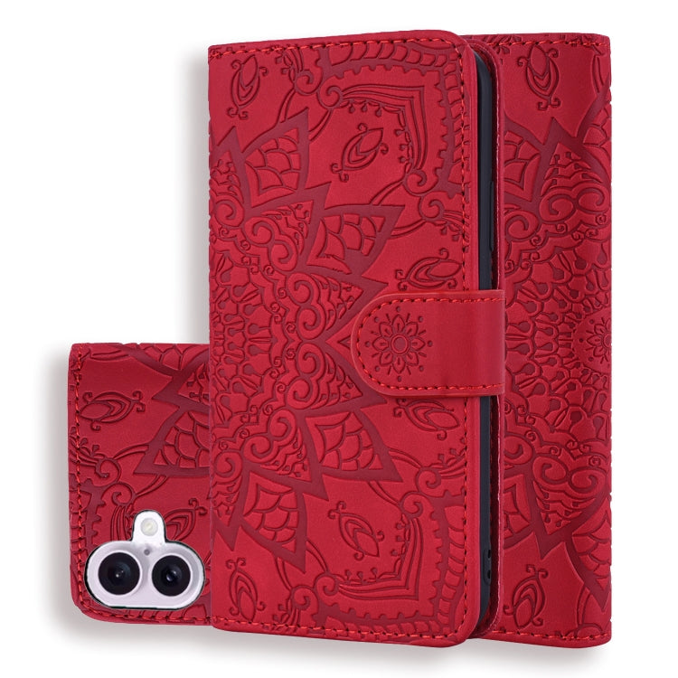 For iPhone 16 Mandala Embossed Dual-Fold Calf Leather Phone Case(Red) - iPhone 16 Cases by buy2fix | Online Shopping UK | buy2fix