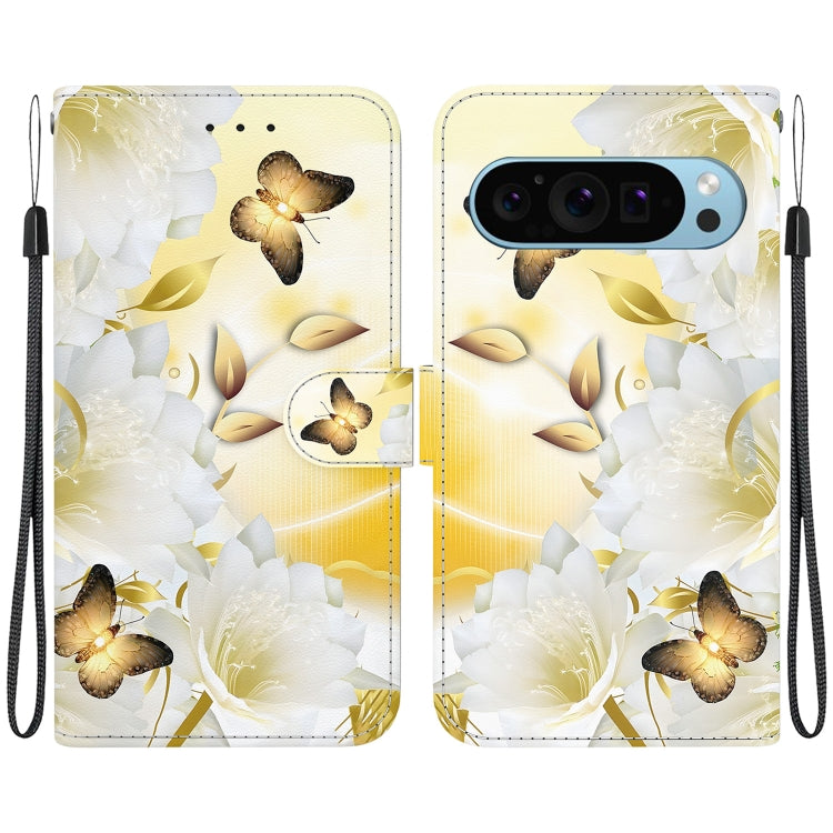 For Google Pixel 9 Crystal Texture Colored Drawing Leather Phone Case(Gold Butterfly Epiphyllum) - Google Cases by buy2fix | Online Shopping UK | buy2fix