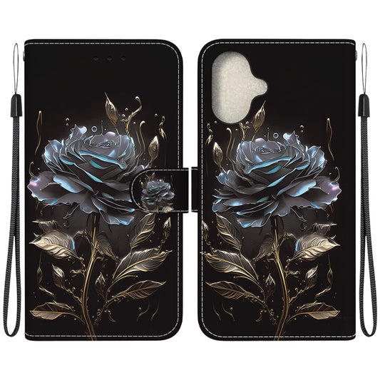 For iPhone 16 Crystal Texture Colored Drawing Leather Phone Case(Black Rose) - iPhone 16 Cases by buy2fix | Online Shopping UK | buy2fix