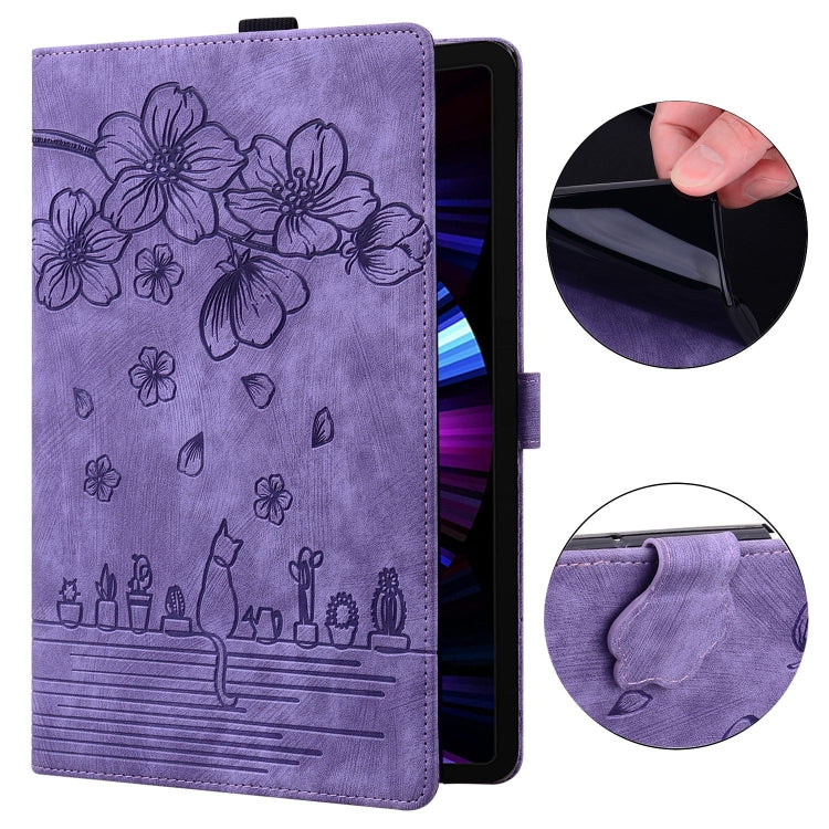 For Samsung Galaxy Tab S9 Ultra /S8 Ultra Cartoon Sakura Cat Embossed Leather Tablet Case(Purple) - Galaxy Tab S9 Ultra Cases by buy2fix | Online Shopping UK | buy2fix