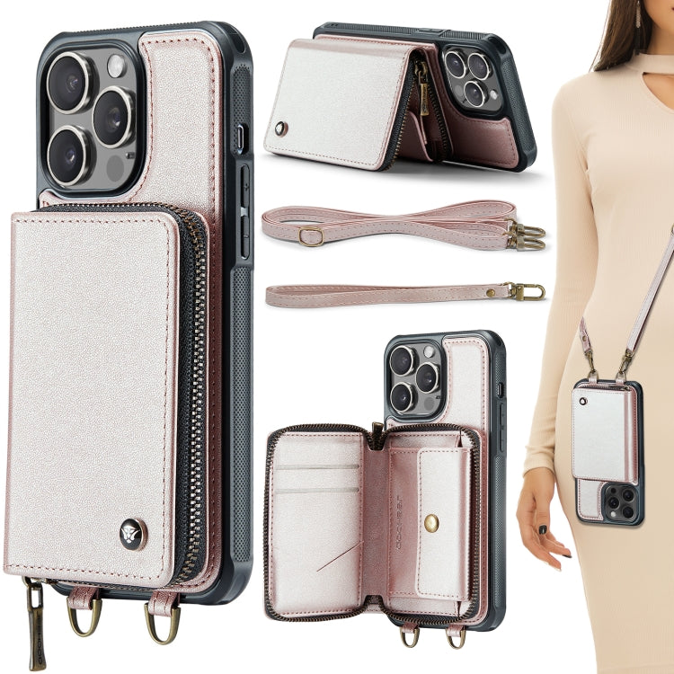 For iPhone 15 Pro Max JEEHOOD C22 Series Zipper Wallet Leather Phone Case with Dual Lanyard(Rose Gold) - iPhone 15 Pro Max Cases by JEEHOOD | Online Shopping UK | buy2fix