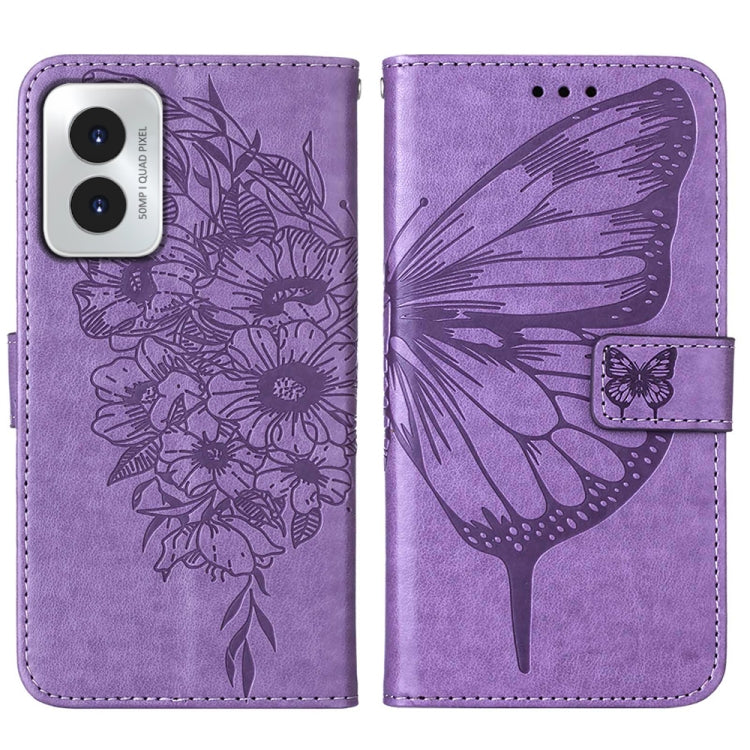 For Motorola Moto G Play 4G 2024 Embossed Butterfly Leather Phone Case(Purple) - Motorola Cases by buy2fix | Online Shopping UK | buy2fix