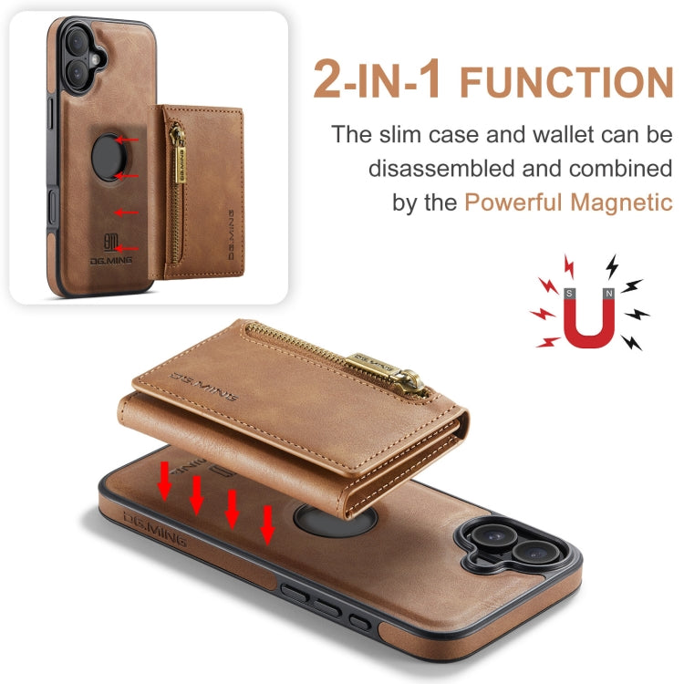 For iPhone 16 DG.MING M5 Series Zip RFID Multi Card Detachable Leather Phone Case(Brown) - iPhone 16 Cases by DG.MING | Online Shopping UK | buy2fix