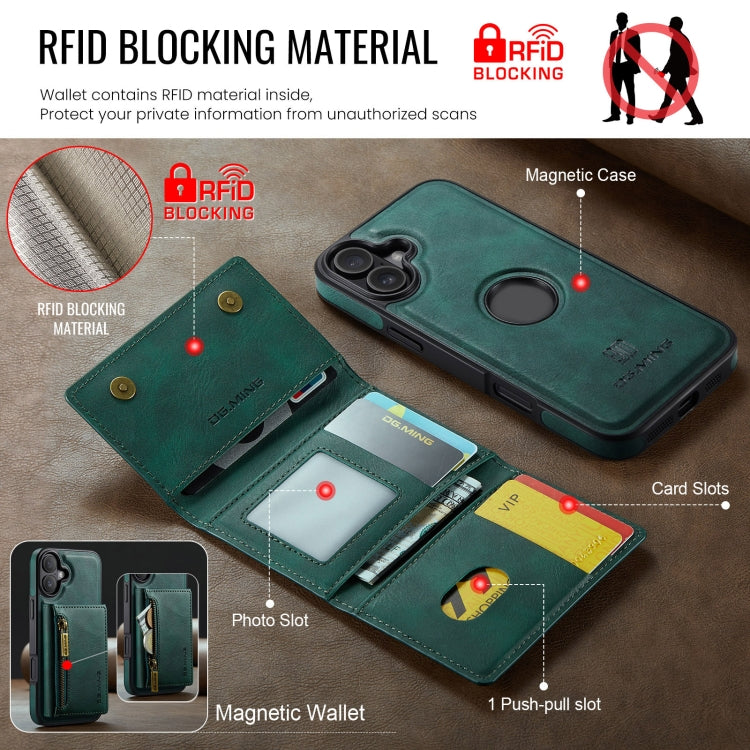 For iPhone 16 DG.MING M5 Series Zip RFID Multi Card Detachable Leather Phone Case(Green) - iPhone 16 Cases by DG.MING | Online Shopping UK | buy2fix