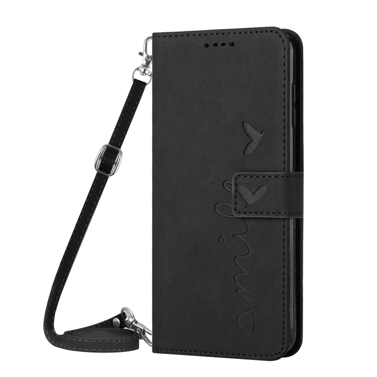 For Xiaomi Redmi 13C Skin Feel Heart Embossed Leather Phone Case with Long Lanyard(Black) - 13C Cases by buy2fix | Online Shopping UK | buy2fix