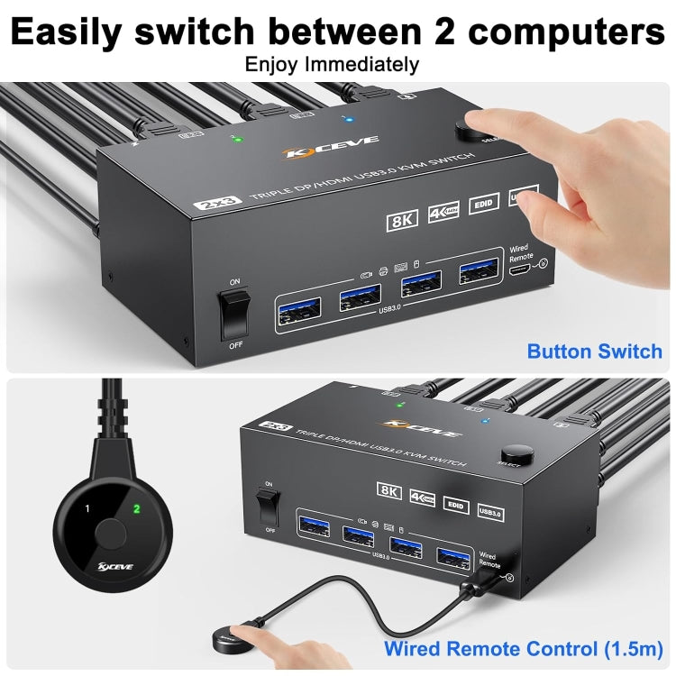 KC-KVM203DH 8K 30Hz USB3.0 DP+DP+HDMI Triple Monitors KVM Switch, UK Plug - Switch by buy2fix | Online Shopping UK | buy2fix