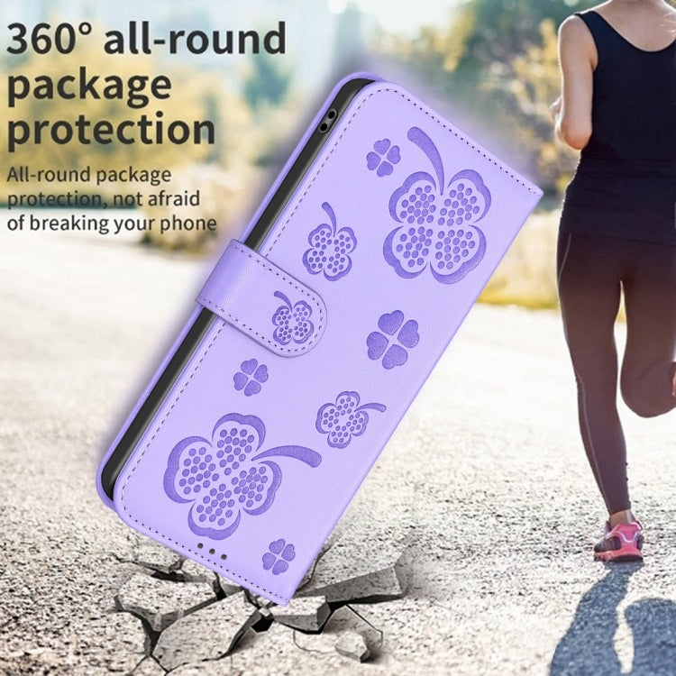 For iPhone 16 Plus Four-leaf Embossed Leather Phone Case(Purple) - iPhone 16 Plus Cases by buy2fix | Online Shopping UK | buy2fix