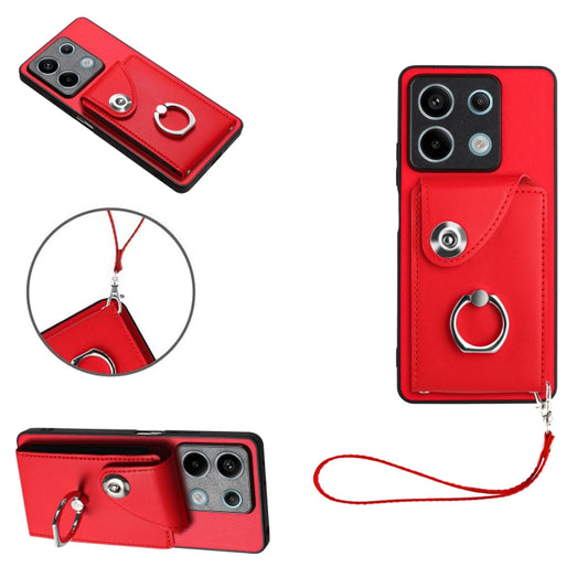For Xiaomi Redmi Note 13 5G Global Organ Card Bag Ring Holder PU Phone Case with Lanyard(Red) - Note 13 Cases by buy2fix | Online Shopping UK | buy2fix