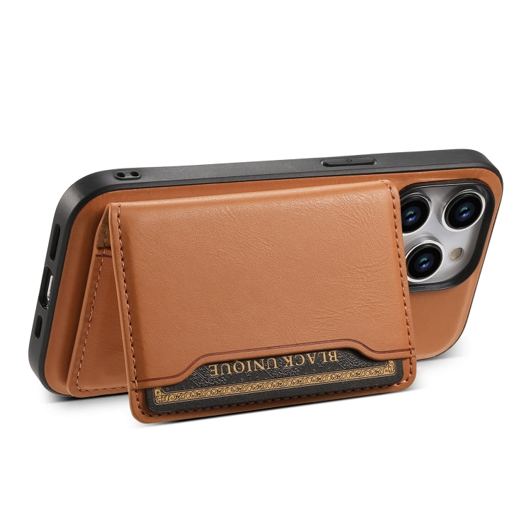 For iPhone 15 Denior Cowhide Texture Leather MagSafe Detachable Wallet Phone Case(Khaki) - iPhone 15 Cases by Denior | Online Shopping UK | buy2fix