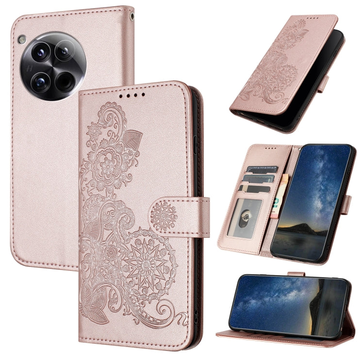 For OnePlus 12 Datura Flower Embossed Flip Leather Phone Case(Rose Gold) - OnePlus Cases by buy2fix | Online Shopping UK | buy2fix