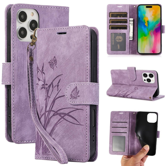 For iPhone 16 Pro Max Orchid Butterfly Embossed Leather Phone Case(Purple) - iPhone 16 Pro Max Cases by buy2fix | Online Shopping UK | buy2fix